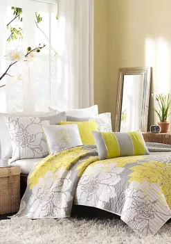 Best Pirce 😀 Madison Park Lola Gray/Yellow 6-Piece Full/Queen Coverlet Set 90-in. x 90-in. 🧨 -Madison Park Shop Belk 955